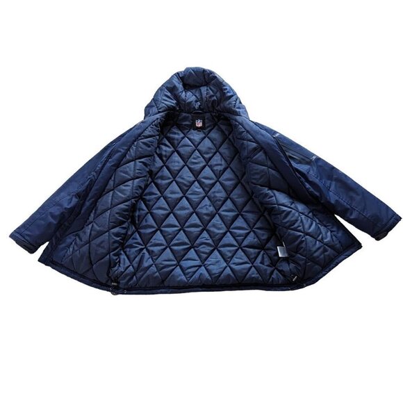 NFL NE Patriots Navy Blue Hooded Winter Puffer Jacket Vintage Men's Large - Picture 3 of 8